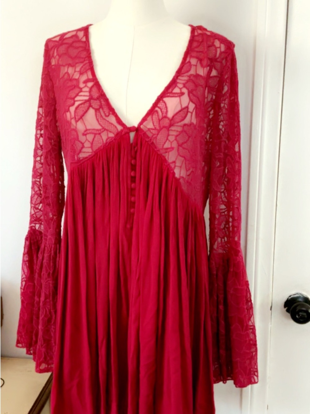 Free people Red Lace & Chiffon V-Neck Maxi Dress